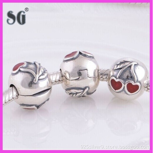 Round shape cherry pattern european stopper clip beads with nice red enamel